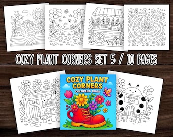 Cozy Plant Corners Set 5 / 10 Seiten / Ausmalseiten - mutige, einfache und entspannende Designs | Sofort PDF Download
