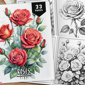 33 Rose Flowers Coloring Pages, Coloring Sheets, Botanical Flowers, Grayscale Coloring for Adults and Kids, Floral Plant Coloring Pages