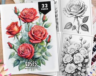33 páginas para colorear de flores rosas, hojas para colorear, flores botánicas, dibujos para colorear en escala de grises para adultos y niños, páginas para colorear de plantas florales