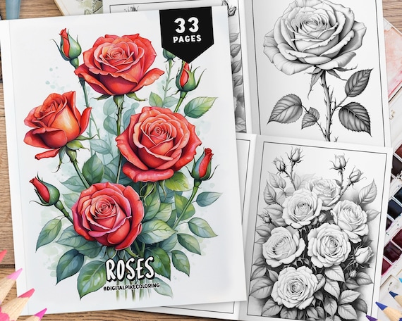 33 Rose Flowers Coloring Pages, Coloring Sheets, Botanical Flowers, Grayscale Coloring for Adults and Kids, Floral Plant Coloring Pages