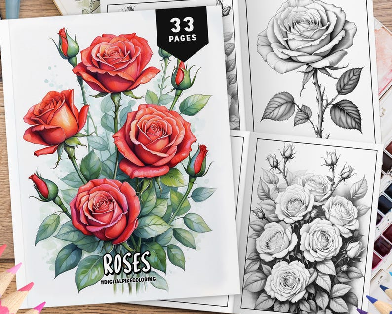 33 Rose Flowers Coloring Pages, Coloring Sheets, Botanical Flowers, Grayscale Coloring for Adults and Kids, Floral Plant Coloring Pages