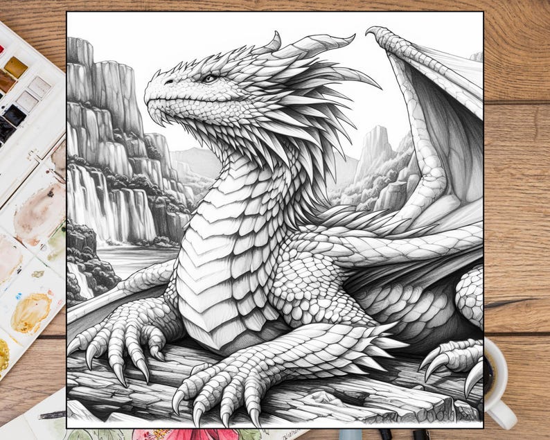 May include: A detailed black and white pencil drawing of a dragon with its wings spread out. The dragon is lying on a rock with a waterfall in the background.