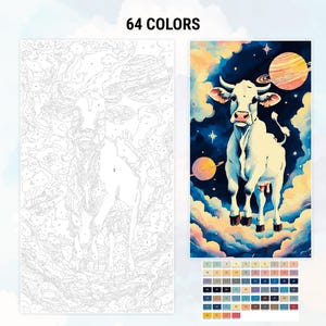 May include: A paint-by-numbers kit featuring a white cow with horns standing on clouds in a starry sky with planets. The kit includes 64 colors.