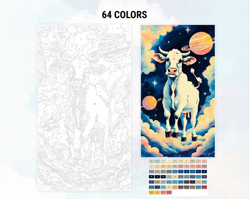 May include: A paint-by-numbers kit featuring a white cow with horns standing on clouds in a starry sky with planets. The kit includes 64 colors.