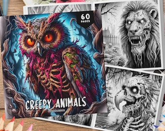60 Creepy Animal Coloring Book, Halloween Coloring Book, Coloring Sheets, Creepy Coloring Pages, Horror Vibes Coloring, Animal Coloring Book