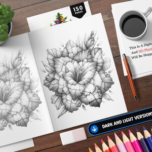 以下が含まれることがあります： 150ページの塗り絵で、グラジオラスの花の鉛筆画が詳細に描かれています。この本には、画像の暗いバージョンと明るいバージョンが含まれています。これはデジタル製品であり、物理的なアイテムは発送されません。
