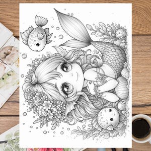 May include: A black and white illustration of a mermaid with long flowing hair, a flower crown, and a fish by her side. The mermaid is sitting on a bed of seashells and seaweed.