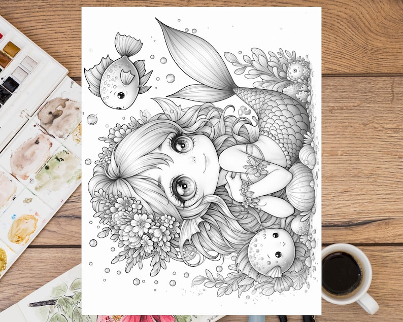May include: A black and white illustration of a mermaid with long flowing hair, a flower crown, and a fish by her side. The mermaid is sitting on a bed of seashells and seaweed.