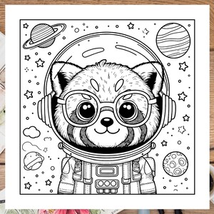 以下が含まれることがあります： 宇宙服と眼鏡をかけたレッサーパンダの白黒線画。パンダは星と惑星に囲まれている。