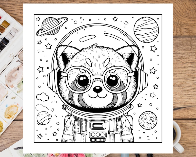 以下が含まれることがあります： 宇宙服と眼鏡をかけたレッサーパンダの白黒線画。パンダは星と惑星に囲まれている。