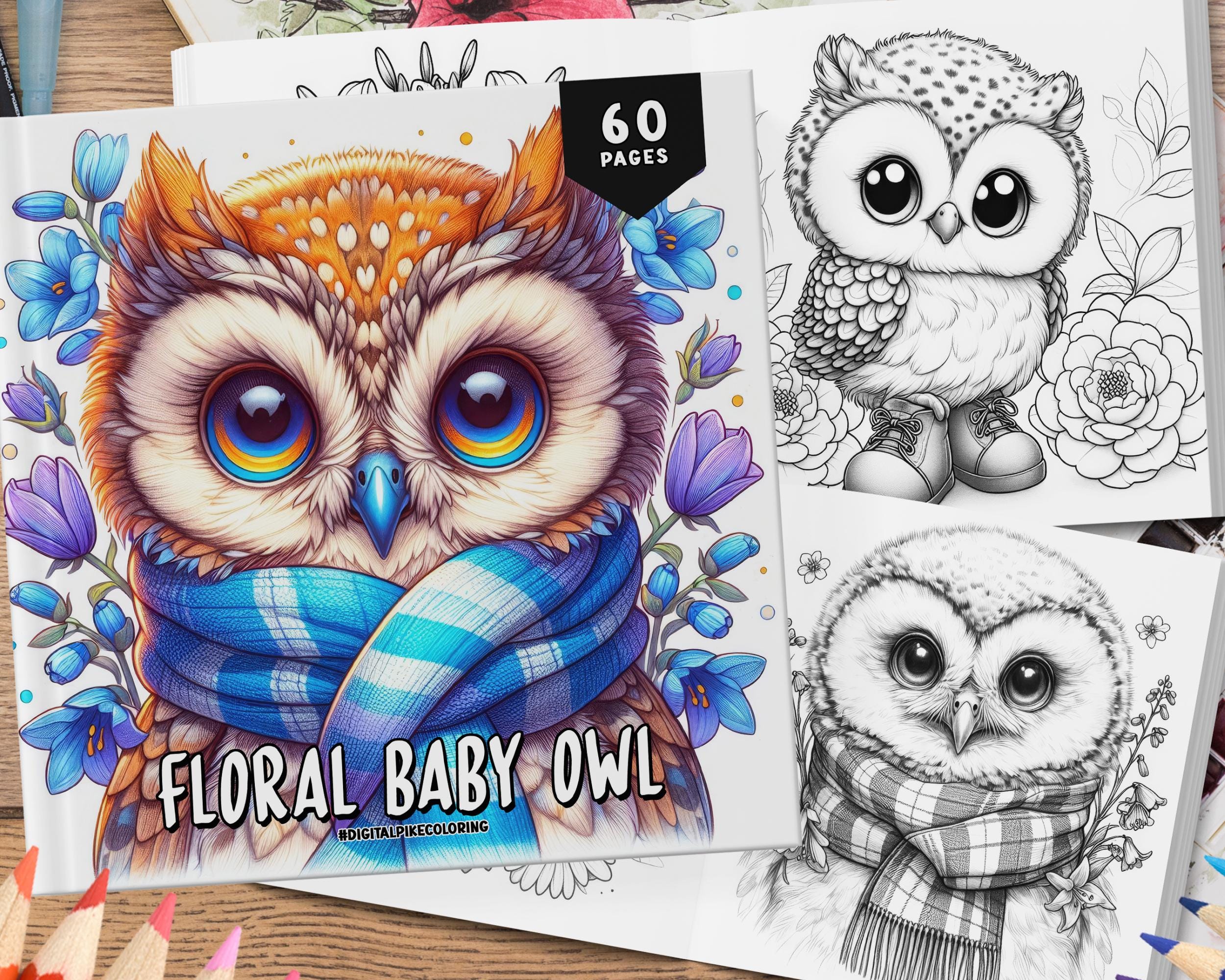 60 Floral Baby Owl Coloring Book, Animal Coloring Book, Coloring Sheets, Cute Coloring For Adults an