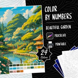 Landscape Coloring, Color by Numbers, Digital Coloring Paint by Numbers Procreate Coloring Book iPad Coloring Page Beautiful Garden Coloring