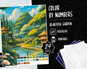 Landscape Coloring, Color by Numbers, Digital Coloring Paint by Numbers Procreate Coloring Book iPad Coloring Page Beautiful Garden Coloring