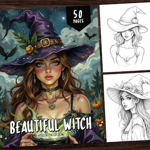 May include: A digital coloring book featuring a beautiful witch with long flowing hair, wearing a purple and black pointed hat with a floral embellishment. The book has 50 pages and is titled "Beautiful Witch #DigitalPixelColoring".