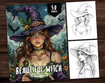 50 Beautiful Witch Coloring Book, Grayscale Coloring Book, Beauty Portraits Coloring Book, Halloween Coloring Pages, Halloween activities