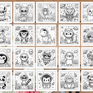 以下が含まれることがあります： 宇宙飛行士のヘルメットをかぶったかわいい動物が描かれた、白黒の塗り絵16枚セット。動物は、ラマ、猫、虎、狐、ナマケモノ、アライグマ、サル、孔雀、パンダ、サル、チーター、セイウチ、犬、ハリネズミです。