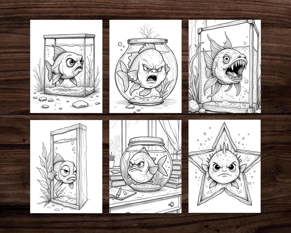 40 Angry Fish Coloring Book, Grayscale Coloring, Coloring Sheets ...