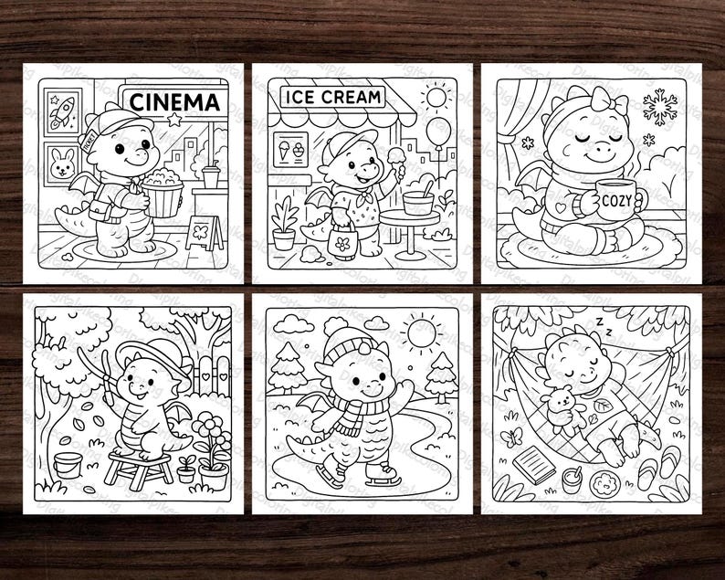 Op de afbeelding: Een verzameling van zes zwart-wit illustraties met een cartoon draak in verschillende sc&egrave;nes. De draak wordt afgebeeld in een bioscoop, ijssalon, met een kopje, in de natuur, schaatsend en ontspannend in een hangmat.