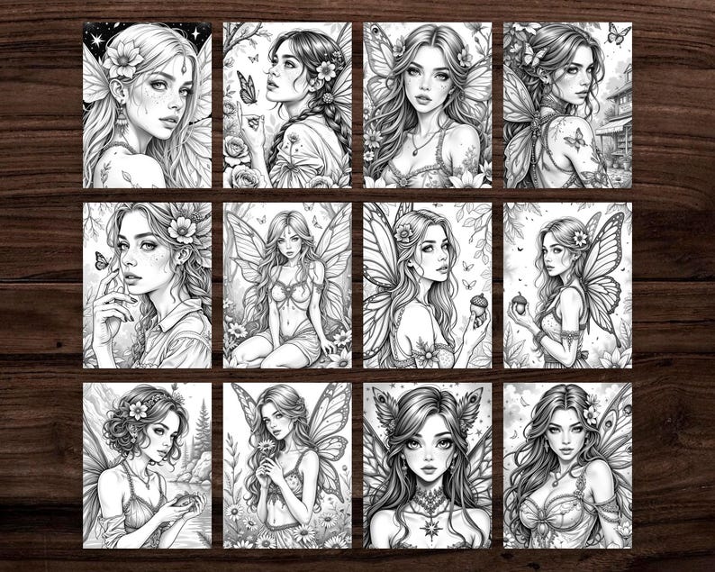 Puede incluir: Una colecci&oacute;n de doce ilustraciones en blanco y negro de hadas. Cada imagen presenta un hada diferente con alas detalladas, adornos florales y cabello suelto. Las ilustraciones est&aacute;n en tarjetas rectangulares, dispuestas sobre una superficie de madera.
