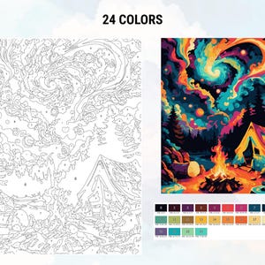 May include: Paint by numbers kit featuring a colorful night sky with a swirling galaxy, a campfire, and a tent in the foreground. The kit includes 24 colors.