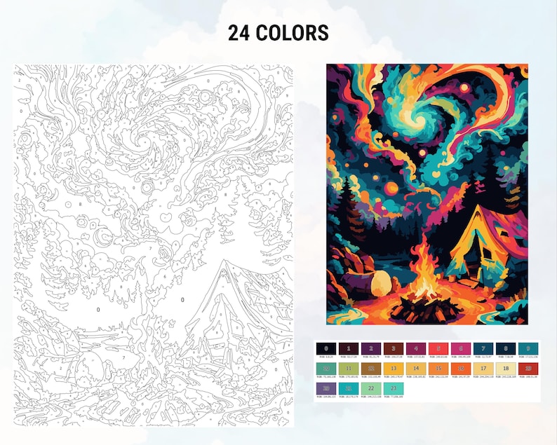 May include: Paint by numbers kit featuring a colorful night sky with a swirling galaxy, a campfire, and a tent in the foreground. The kit includes 24 colors.