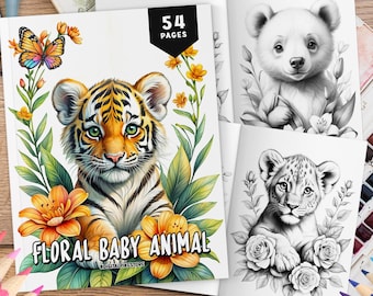 54 Floral Baby Animal Coloring Book, Grayscale Coloring Pages, Coloring Sheets, Animals in Flowers Coloring, Baby Animal Coloring