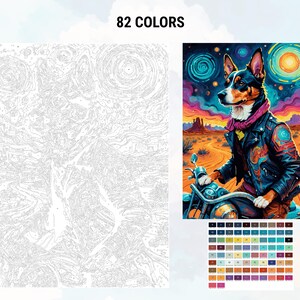 Peut inclure: Un kit de peinture par num&eacute;ros repr&eacute;sentant un chien en blouson de cuir sur une moto, dans un paysage d&eacute;sertique avec un ciel color&eacute;. Le kit comprend une toile pr&eacute;-imprim&eacute;e et une palette de 82 couleurs.
