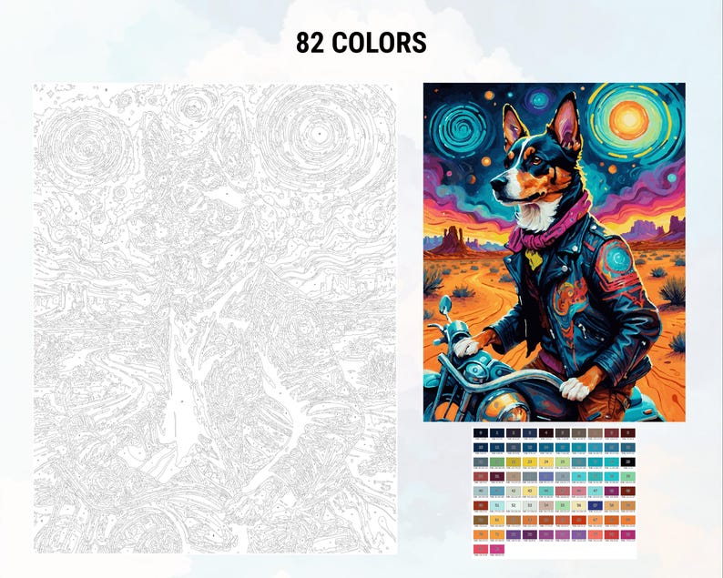 Peut inclure: Un kit de peinture par num&eacute;ros repr&eacute;sentant un chien en blouson de cuir sur une moto, dans un paysage d&eacute;sertique avec un ciel color&eacute;. Le kit comprend une toile pr&eacute;-imprim&eacute;e et une palette de 82 couleurs.