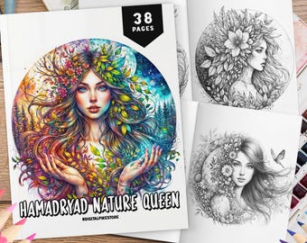 38 Hamadryad Nature Queen Libro para colorear, Colorear en escala de grises, Hojas para colorear, Colorear la naturaleza, Páginas para colorear de mujeres, Colorear para aliviar el estrés