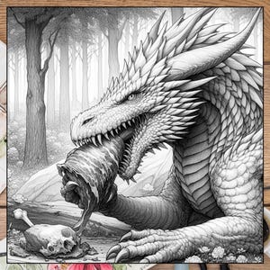 May include: A black and white drawing of a dragon eating a large piece of meat in a forest setting. The dragon is depicted with detailed scales and a fierce expression.