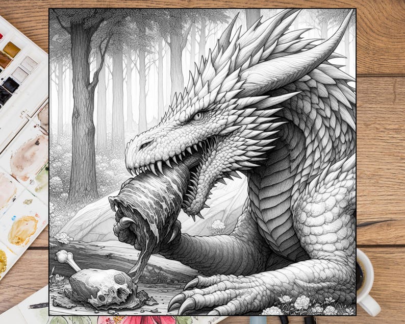 May include: A black and white drawing of a dragon eating a large piece of meat in a forest setting. The dragon is depicted with detailed scales and a fierce expression.