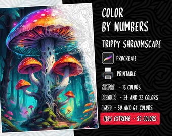 Mushroom Coloring Color by Numbers, Paint by Numbers, Digital Coloring Pages, Procreate Coloring Book, Psychedelic Coloring by Numbers
