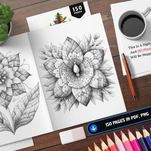 以下が含まれることがあります： 白黒の塗り絵で、2つの詳細な花の模様が描かれています。この本は150ページあり、PDFとPNG形式で入手できます。白い紙に「This Is A Digital Product, And NO Physical Item Will Be Shipped To You.」というテキストが印刷されています。