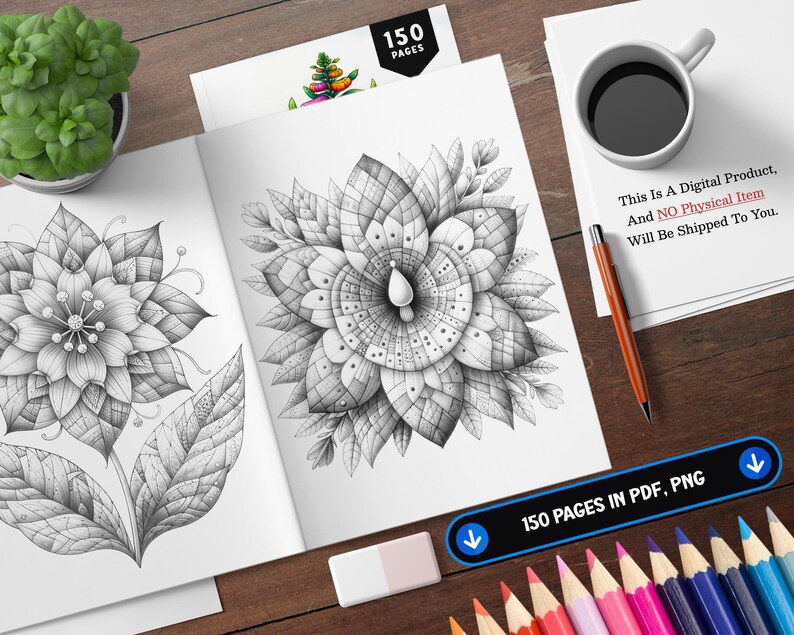 以下が含まれることがあります： 白黒の塗り絵で、2つの詳細な花の模様が描かれています。この本は150ページあり、PDFとPNG形式で入手できます。白い紙に「This Is A Digital Product, And NO Physical Item Will Be Shipped To You.」というテキストが印刷されています。