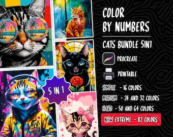 Pintar por números Colorear por números Páginas para colorear digitales Libro para colorear Procreate Dibujos para colorear de gatos para adultos Colorear por números Paquete de arte felino