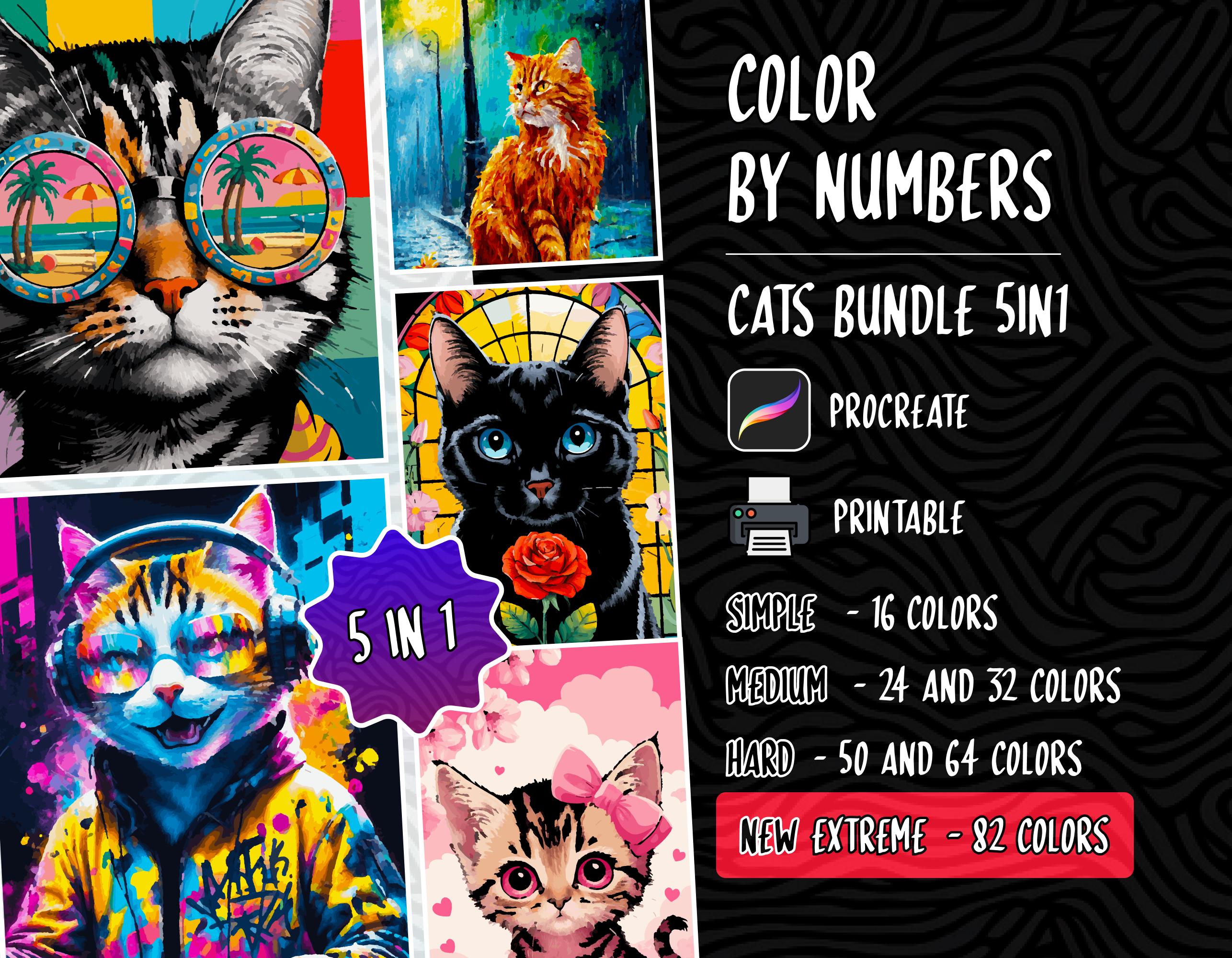 Pack digital de gatos por números – Páginas para colorear imprimibles y para Procreate para adultos