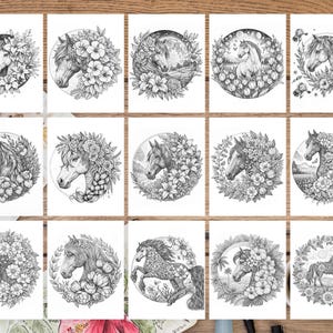 May include: A set of 12 black and white illustrations of horses with floral wreaths. Each illustration features a horse with a different floral design, including lilies, roses, and other flowers.