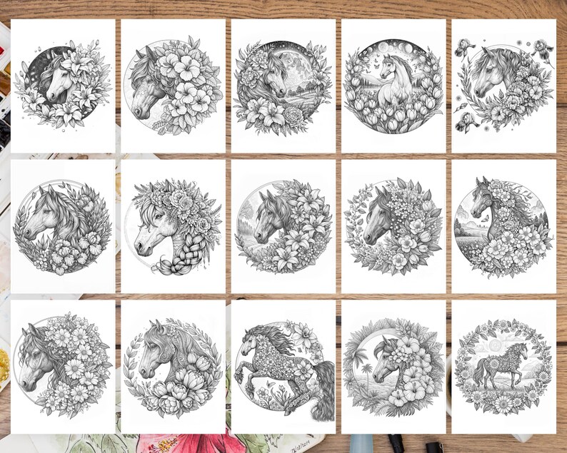 May include: A set of 12 black and white illustrations of horses with floral wreaths. Each illustration features a horse with a different floral design, including lilies, roses, and other flowers.