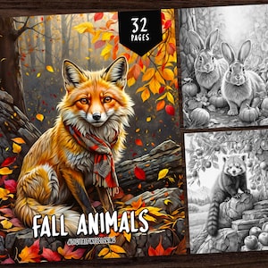 32 Fall Animal Coloring Book, Grayscale Coloring Pages, Autumn Coloring, Animal Coloring, Animal Coloring, Digital Download, Adult Coloring