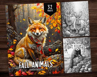 32 Fall Animal Coloring Book, Grayscale Coloring Pages, Autumn Coloring, Animal Coloring, Animal Coloring, Digital Download, Adult Coloring