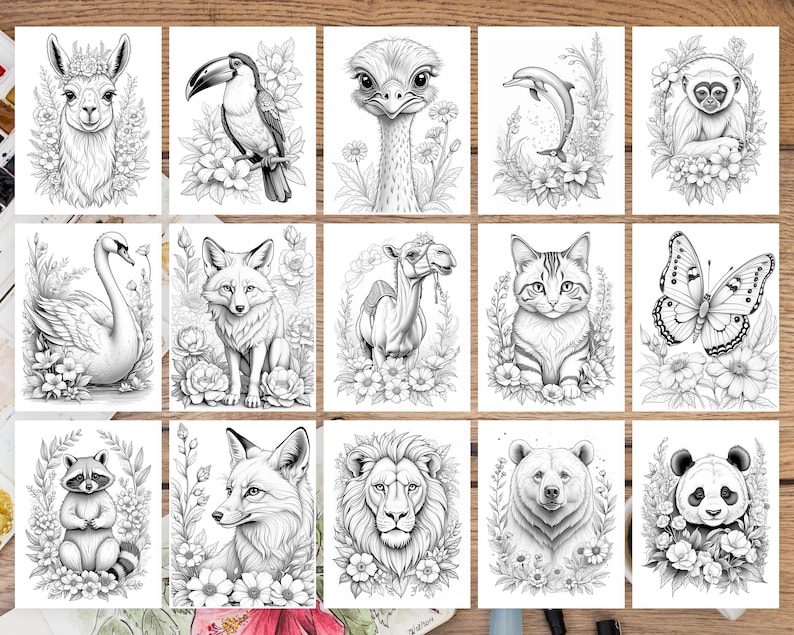 100 Animal in Flowers Coloring Book for Adult, Grayscale Coloring Pages ...