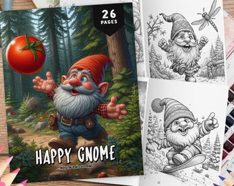 26 Happy Gnome Coloring Book, Coloring Sheets, Garden Gnome Coloring Book, Grayscale Coloring for Adults and Kids, Gnome Coloring Pages
