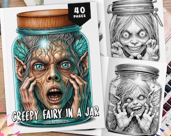 40 Creepy Fairy in a Jar Coloring Pages, Fairy Coloring, Coloring Sheets, Creepy Coloring, Halloween Coloring Book, Monster Jar Coloring