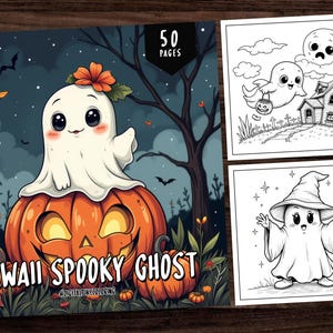 50 Halloween Coloring Book, Kawaii Ghost Coloring Pages, Kids Coloring Pages, Kawaii Coloring, Cute Ghost Coloring Book, Instant Download