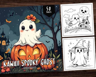 50 Halloween Coloring Book, Kawaii Ghost Coloring Pages, Kids Coloring Pages, Kawaii Coloring, Cute Ghost Coloring Book, Instant Download