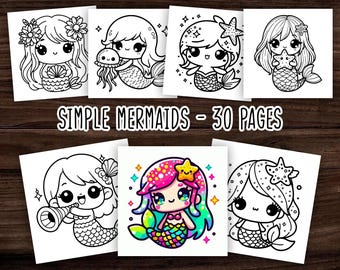 May include: A collection of square art prints featuring cute mermaid illustrations. The mermaids are depicted in a kawaii style, with large eyes and various accessories. The text "SIMPLE MERMAIDS - 30 PAGES" is displayed across the image.