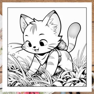 May include: A black and white illustration of a cartoon cat wearing a backpack and walking through tall grass.