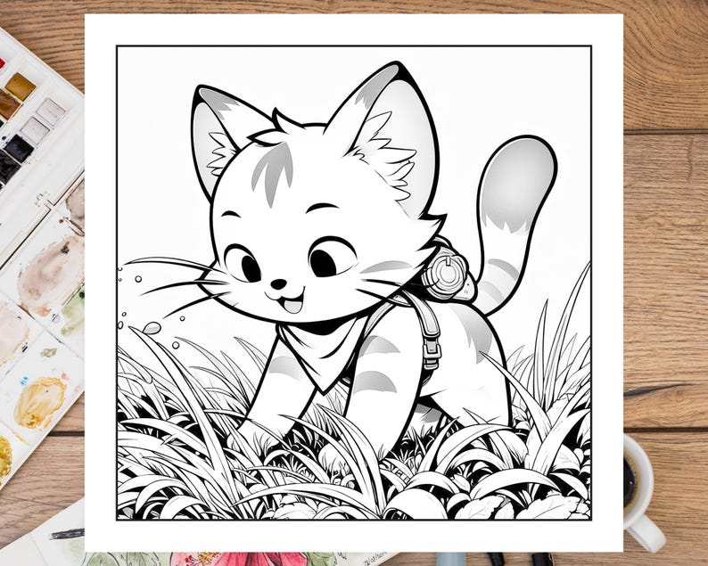 May include: A black and white illustration of a cartoon cat wearing a backpack and walking through tall grass.