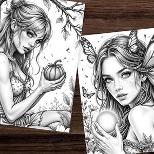 Puede incluir: Dos ilustraciones en blanco y negro de arte fant&aacute;stico. Una representa un hada sosteniendo una peque&ntilde;a calabaza, la otra una mujer con alas de mariposa y un orbe brillante. Ambas tienen elementos florales y naturales detallados.