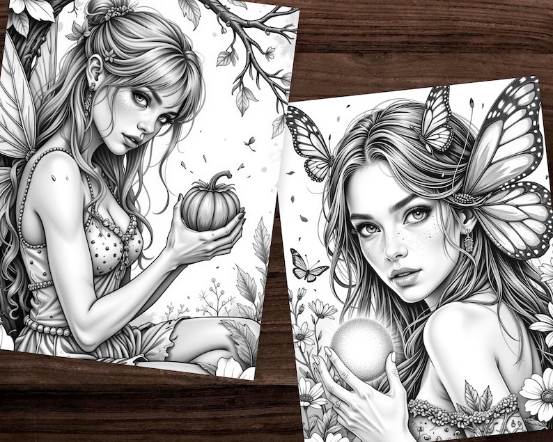 Puede incluir: Dos ilustraciones en blanco y negro de arte fant&aacute;stico. Una representa un hada sosteniendo una peque&ntilde;a calabaza, la otra una mujer con alas de mariposa y un orbe brillante. Ambas tienen elementos florales y naturales detallados.